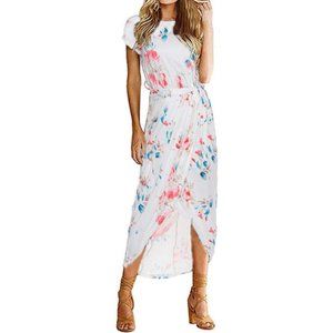 White Floral Short Sleeve Tie Waist Maxi Dress